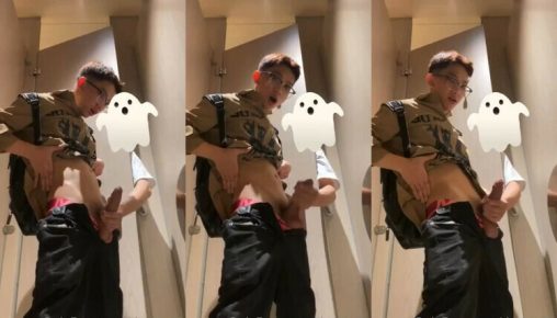 ดุ๊กไปชักว่าวโชว์ตามห้องน้ำสาธารณะ กำลังมันๆก็มีมือขยันมาช่วยเขย่าควยจนน้ำแตกทะลัก